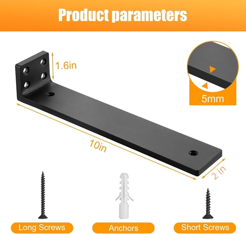 Aunulahca Shelf Bracket Floating Shelf Brackets 10 inch  Heavy Duty Wall Shelf Brackets 6 Pack for Shelves Support  Hidden Metal L Brackets with Mounting Hardware (1/5'' Thick) - Image 5